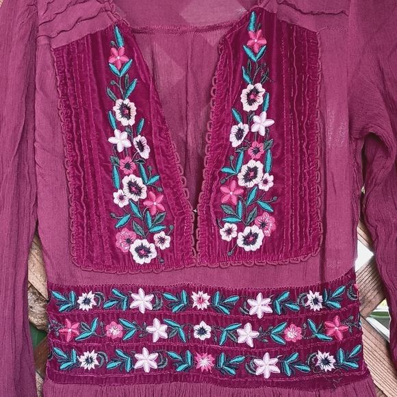 Free People Boho Chic Midi Dress With Floral Embroidered Front & Waist Ex Small - Picture 3 of 10